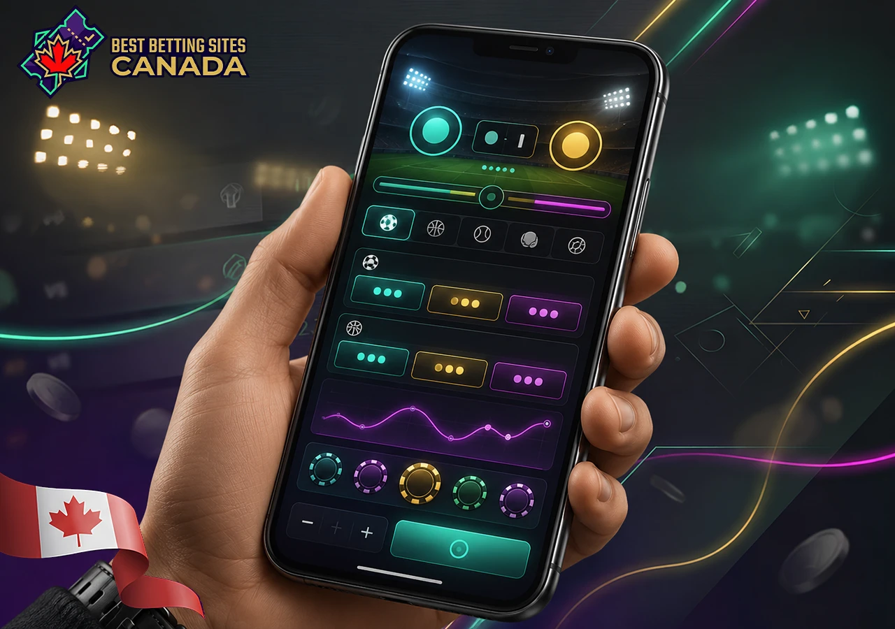 Mobile sports betting apps in Canada, a smartphone with a bookmaker interface.